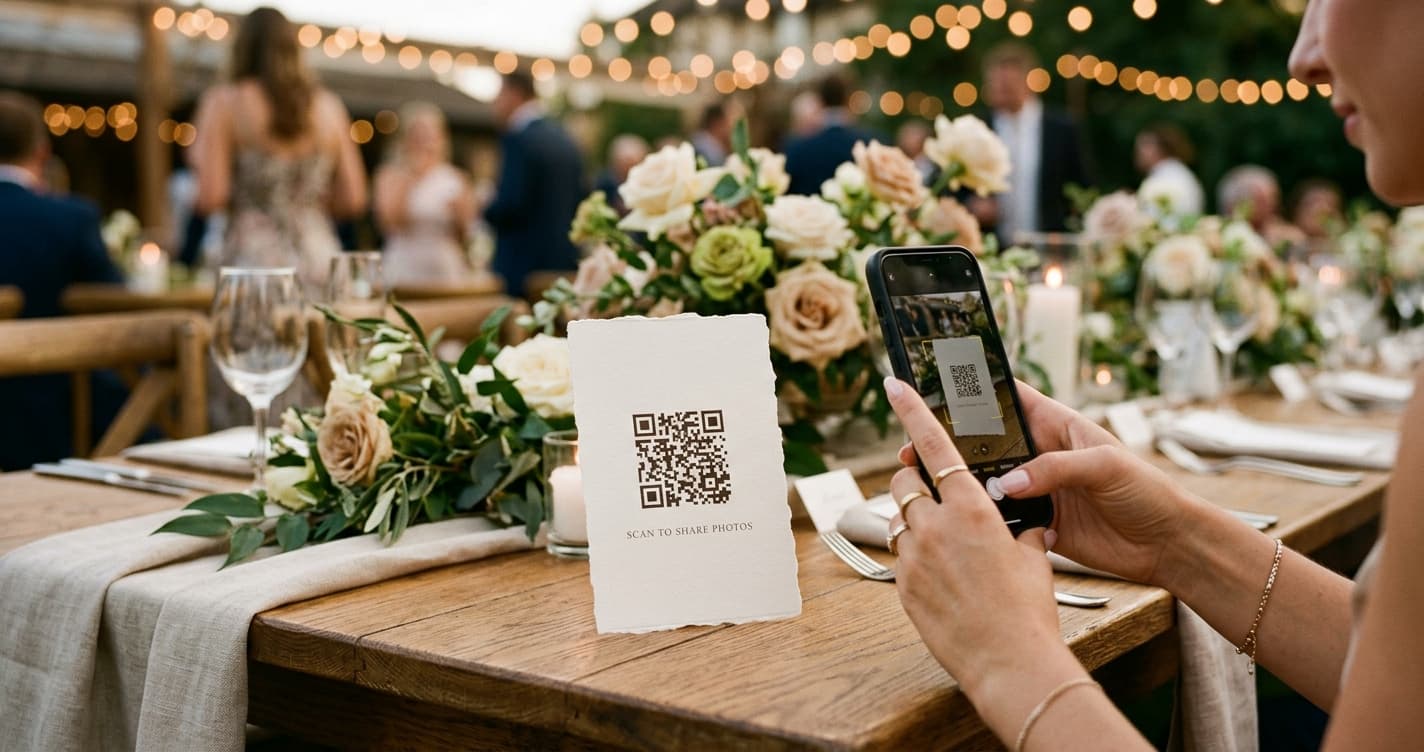 A guest scanning a QR code table card at a wedding reception to add photos to the gallery